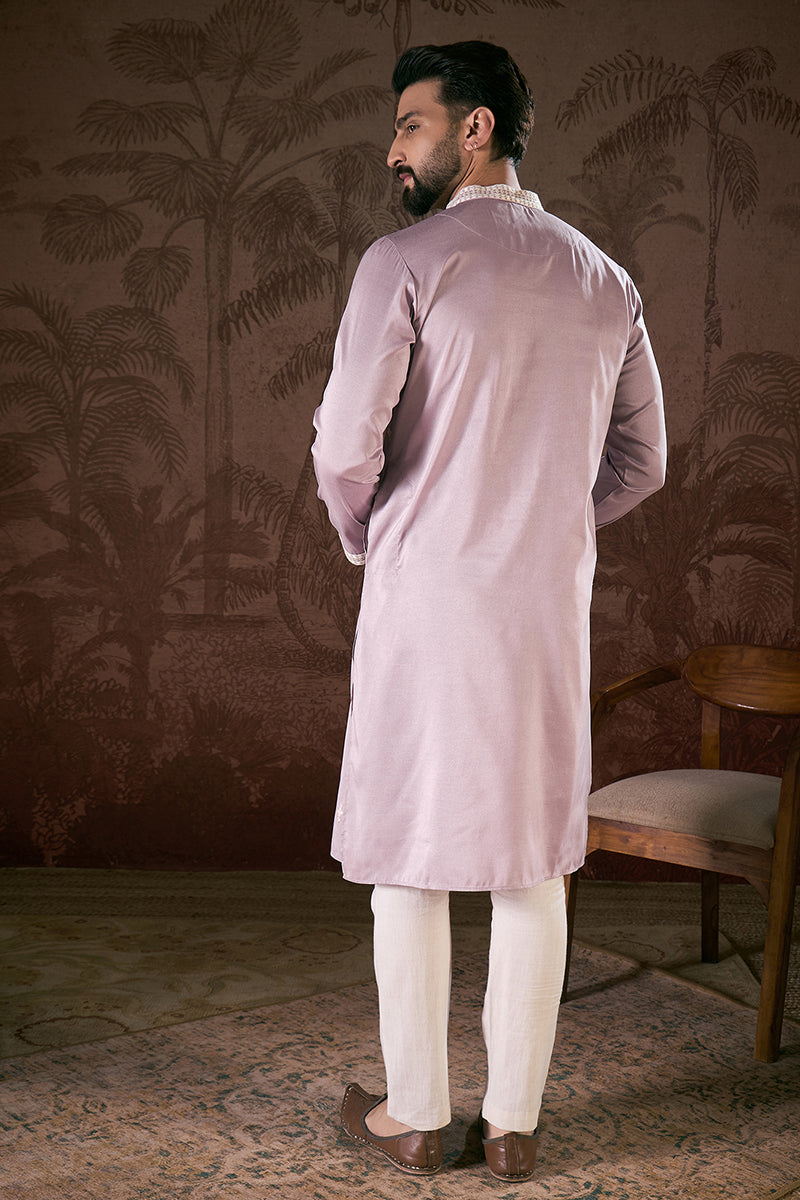 Lavender Silk Blend Solid Embroidered Straight Kurta With Trouser