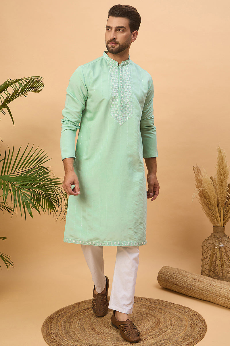Blue Silk Blend Solid Embroidered Straight Kurta MKU1508