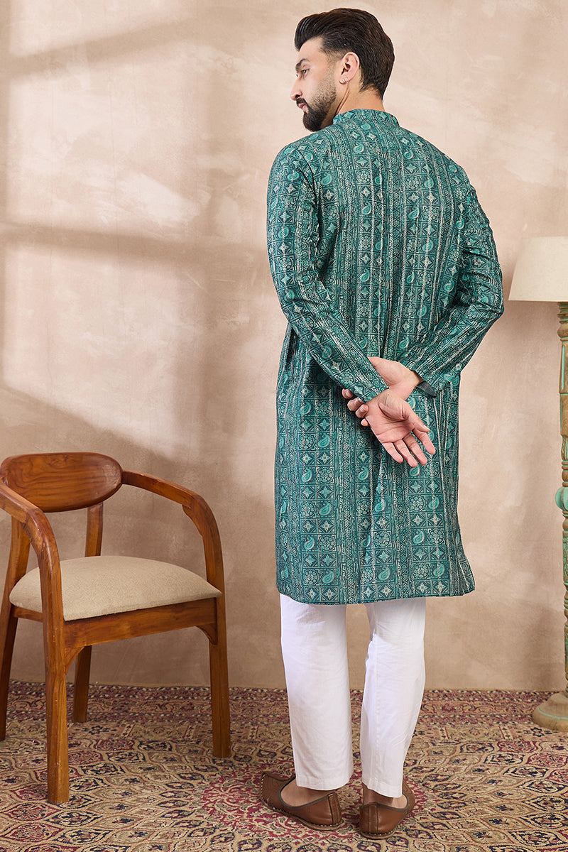 Green Silk Blend Ethnic Motifs Printed Straight Kurta MKU1996