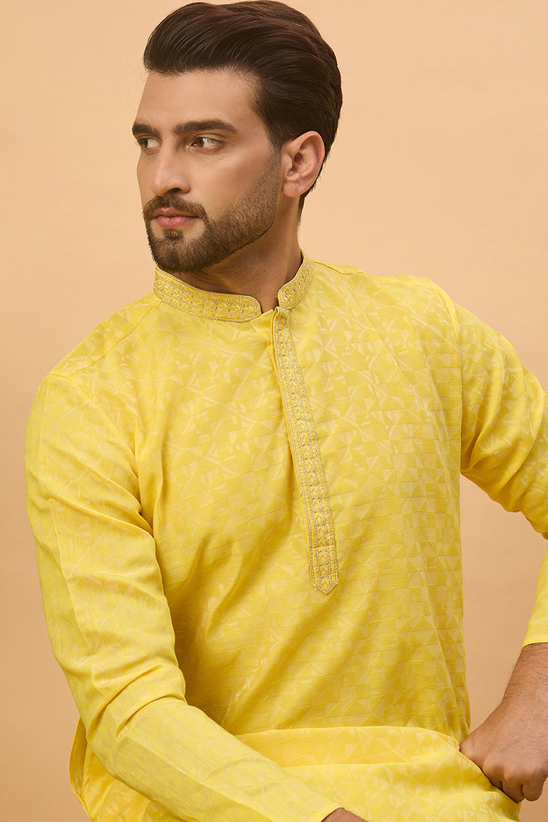 Yellow Silk Blend Solid Embroidered Straight Kurta MKU1455