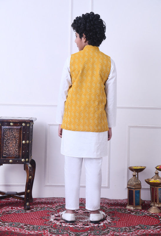 Indi Loom Couture Boys White Kurta & Pyjama with Mustard Yellow Dobby Nehru Jacket Set ILBKSJ15