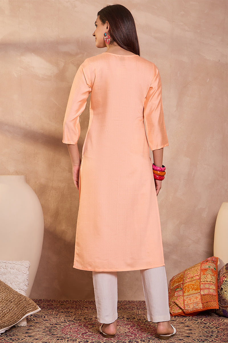 peach viscose rayon emboidered kurti vck9795