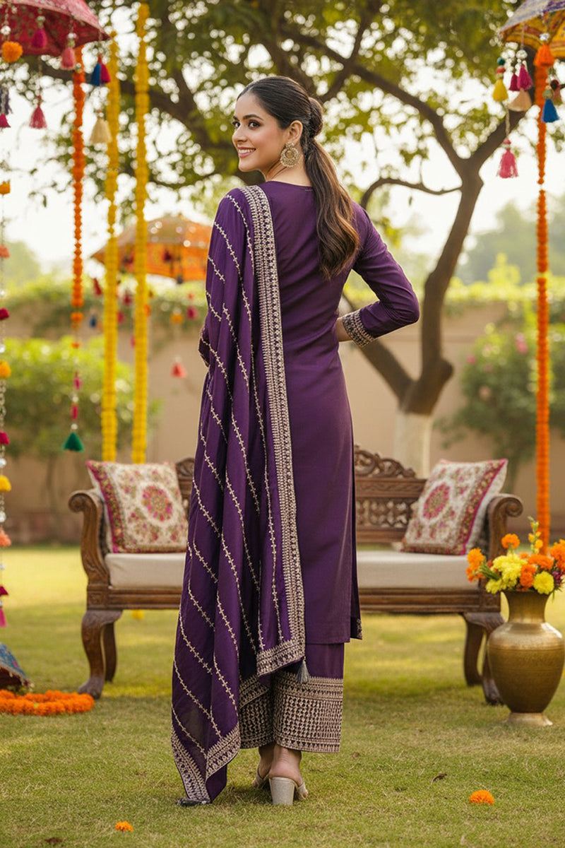 purple silk blend straight kurta palazzo with dupatta pkskd1859