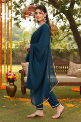 silk blend teal embroidered straight kurta pant with dupatta 