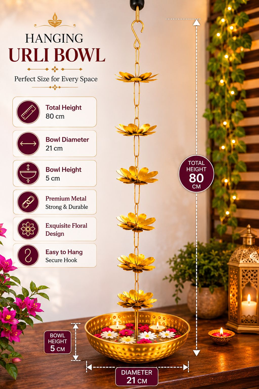 premium hanging lotus urli bowl with decorative flower chain handcrafted metal floating flower bowl for water candles tea lights hanging urli for diwali pooja wedding home decor
