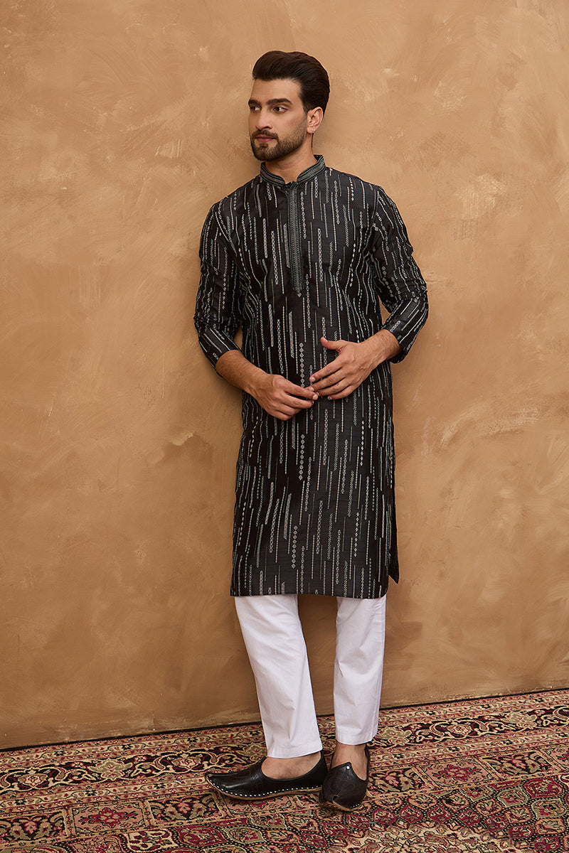 black silk blend geometric printed straight kurta