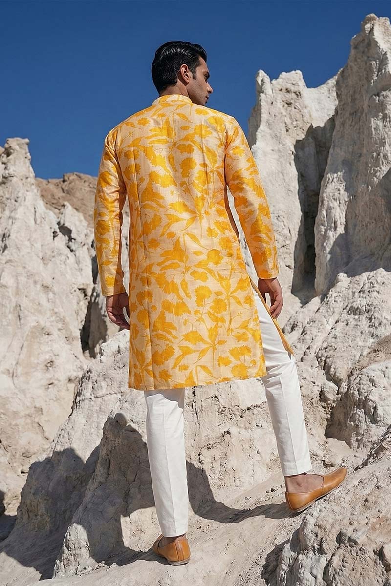 Yellow Silk Blend Printed Straight Kurta With Trousers MKSET2167