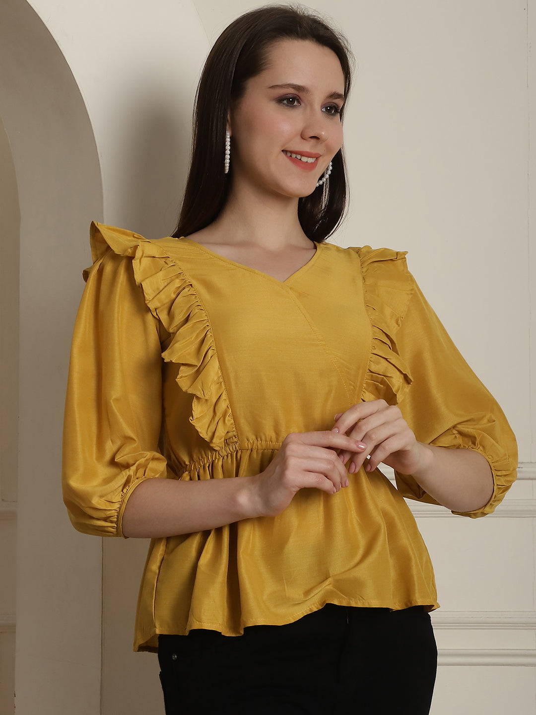 Black Solid Womens Top With