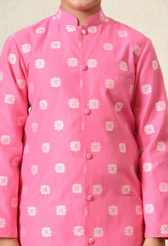 Indi Loom Couture Boys Pink Jacquard Royal  Kurta with White Pant Set ILBKS52
