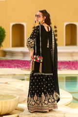black chinon chiffon embroidered straight kurta sharara with dupatta