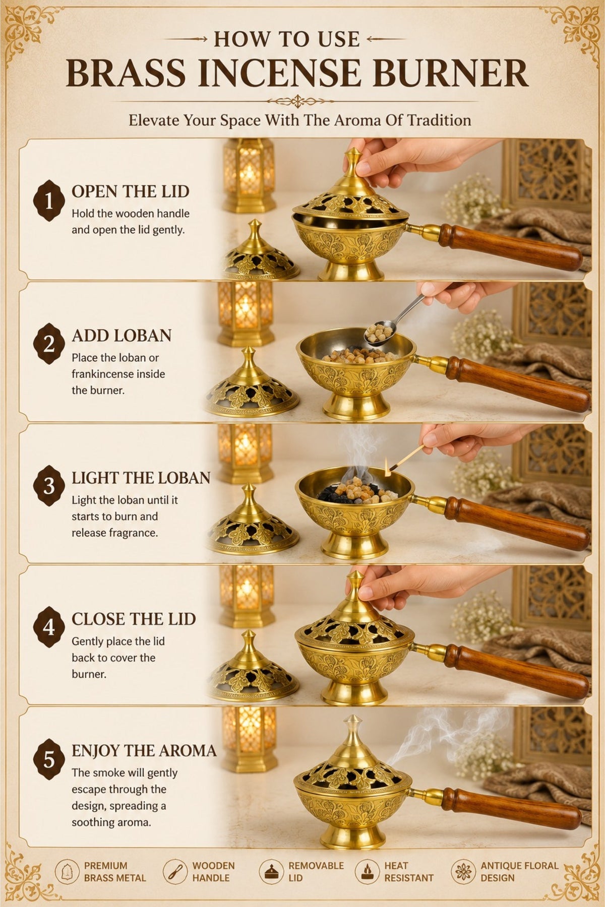 premium brass loban burner with wooden handle handcrafted brass dhoop dani for loban sambrani cups bakhoor camphor resin incense antique floral brass incense burner for home temple meditation gifting