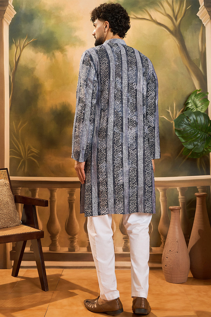 Blue Viscose Rayon Batik Printed Straight Kurta