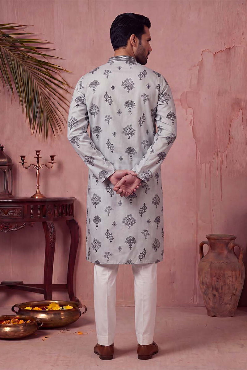 Mens Silk Blend Embroidered Solid Blue Kurta With Trousers MKSET1805