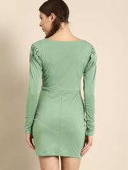 athena classy olive green bishop sleeves bodycon dress