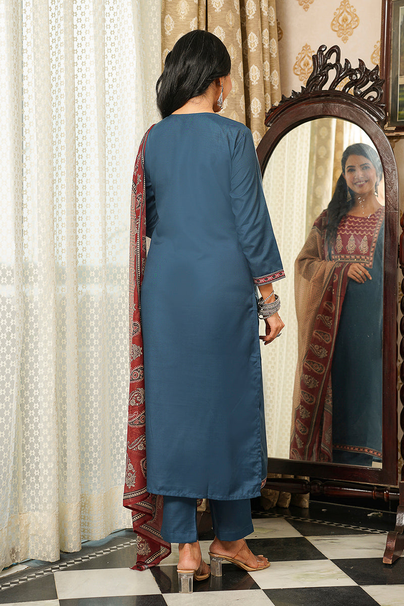 blue rayon blend ajrakh printed straight kurta trousers with dupatta