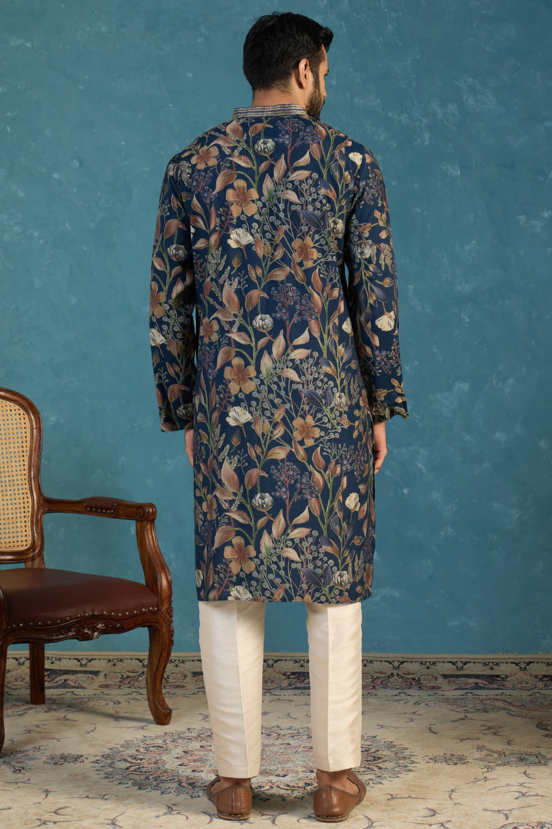 Mens Blue Modal Floral Printed Calf Length Straight Regular Kurta MKU1978