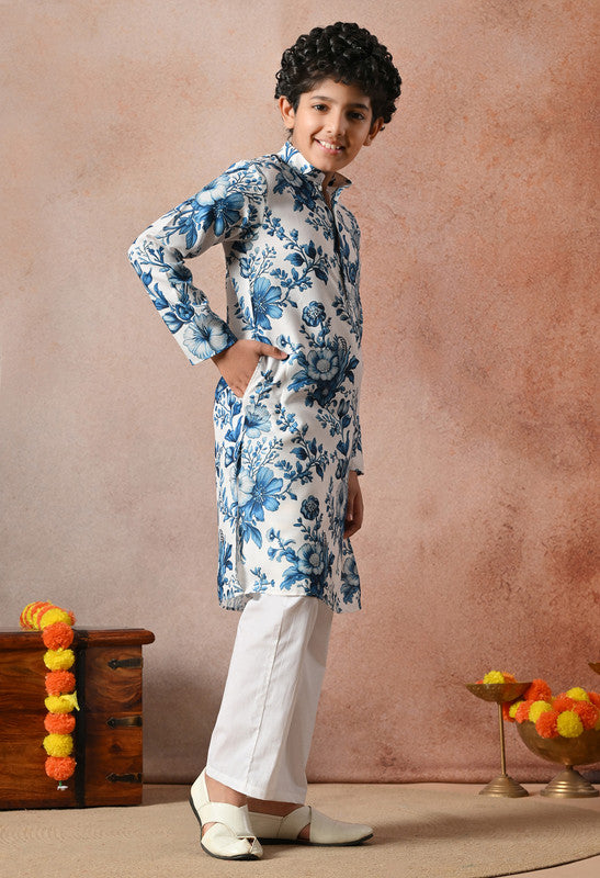 Indi Loom Couture Boys White & Blue Floral Printed Kurta with White Pant Set ILBKS58