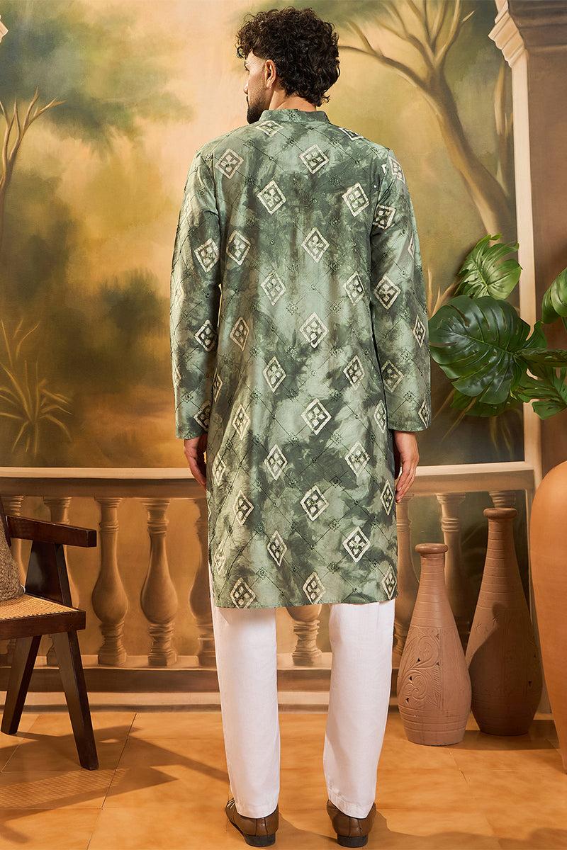 green silk blend batik embroidered straight kurta with trouser