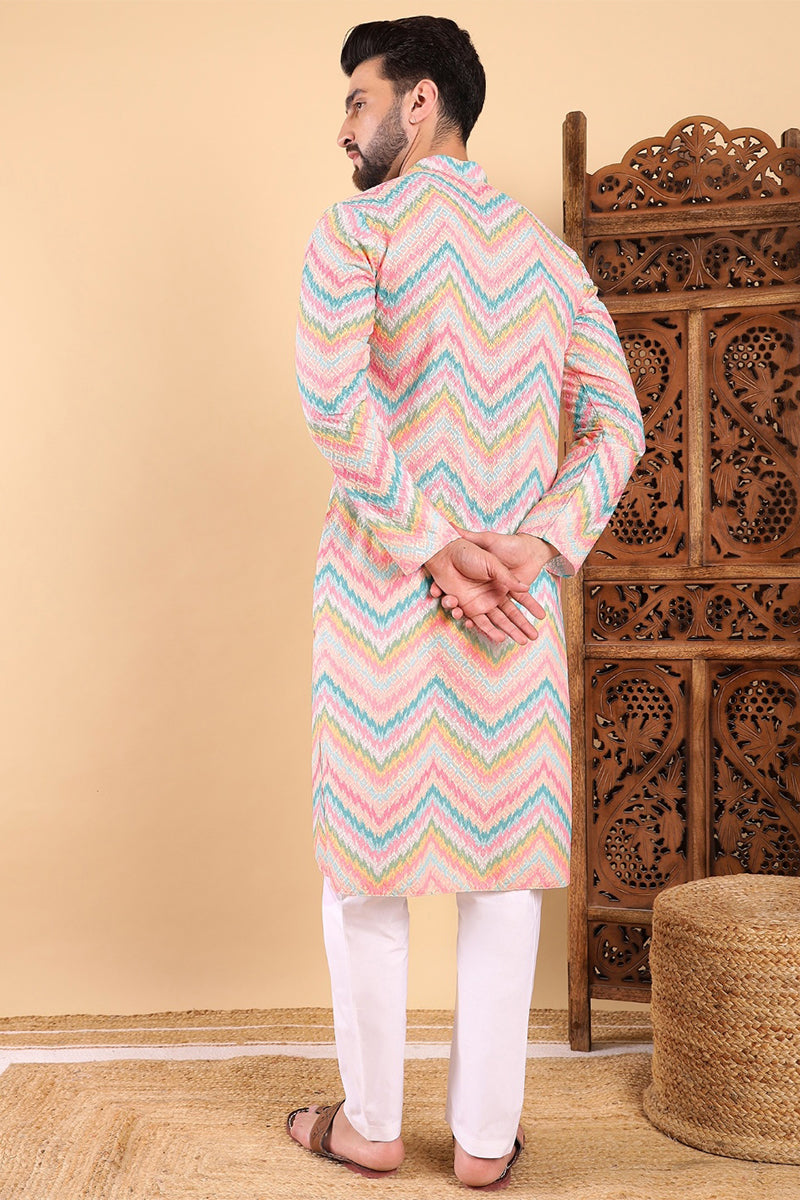 teal viscose rayon chevron embroidered straight kurta for men