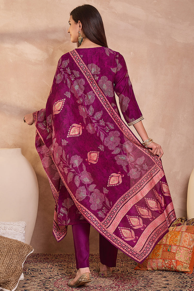 purple silk blend floral printed straight kurta trouser with dupatta