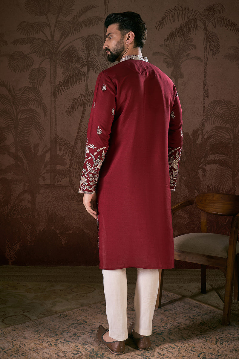 Maroon Silk Blend Solid Embroidered Straight Kurta With Trouser