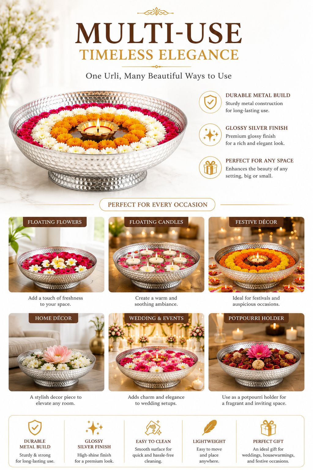 premium hammered silver urli bowl decorative metal floating flower bowl for water candles tea lights diyas handcrafted festival pooja wedding home decor centerpiece