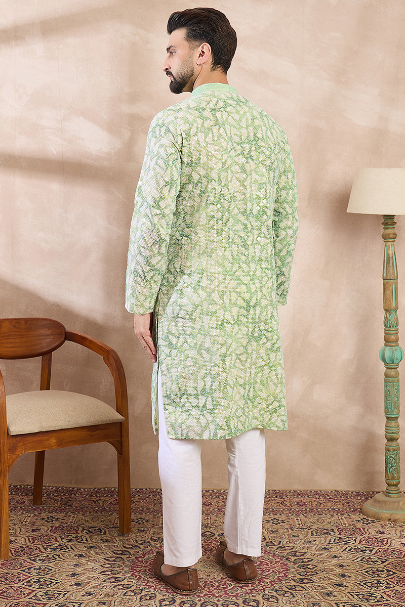Green Viscose Rayon Ethnic Motifs Embroidered Straight Kurta With Trouser