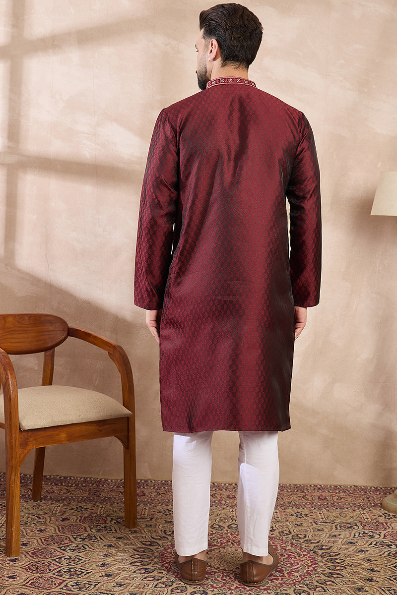 Maroon Silk Blend Solid Woven Design Straight Kurta With Trouser MKSET1896