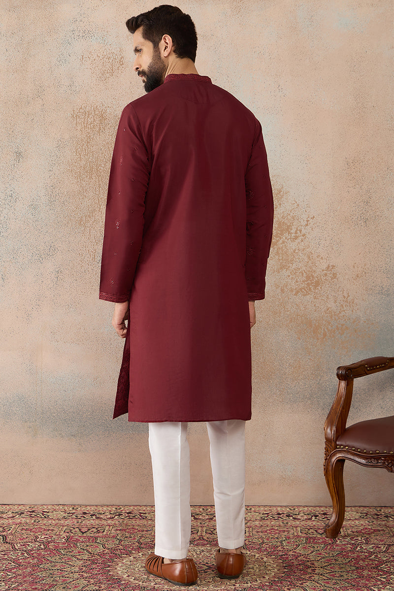 Mens Maroon Silk Blend Solid Emboidered Straight Kurta MKU2289