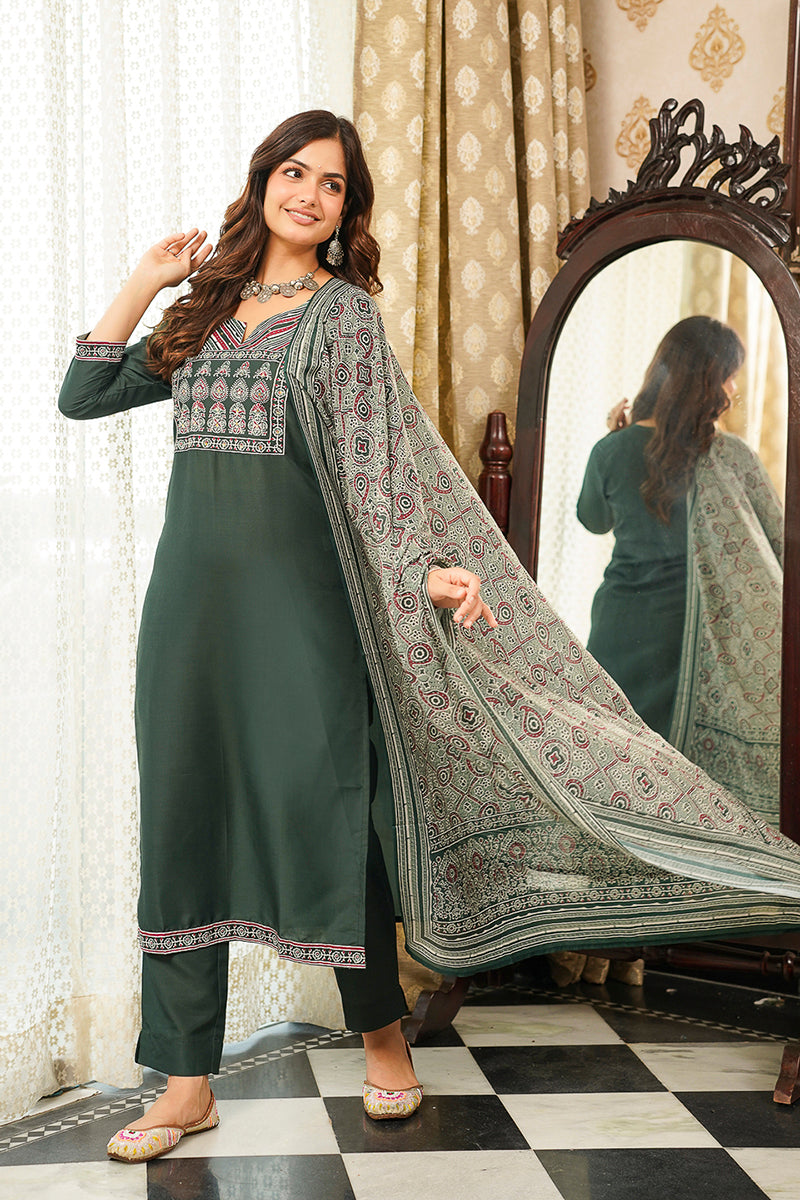 green rayon blend ajrakh printed straight kurta trousers with dupatta 