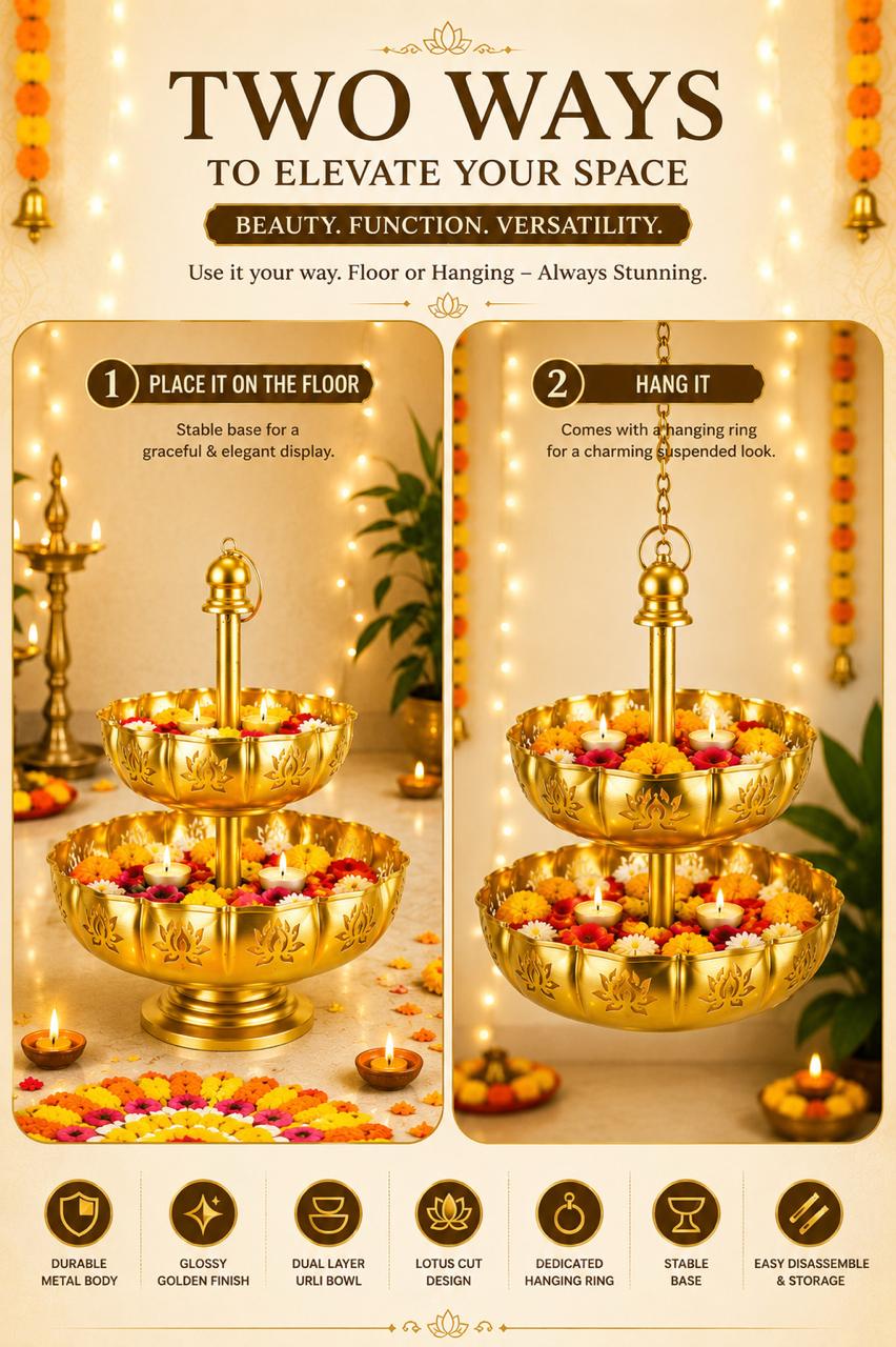 premium dual layer metal urli bowl 2 tier decorative floating flower urli for water candles tea lights traditional pooja urli for diwali wedding home festive decoration