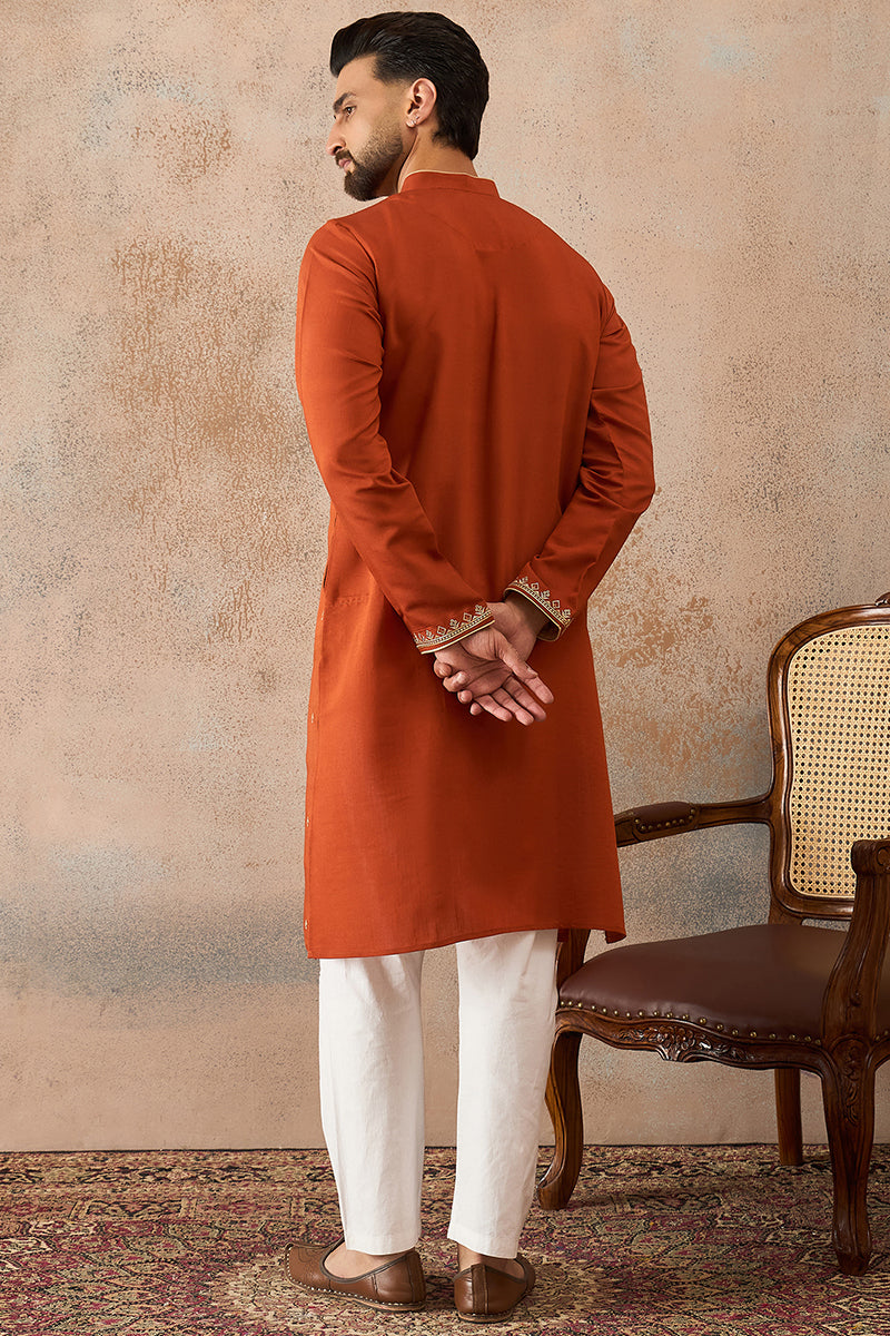 Mens Brown Viscose Rayon Solid Emboidered Straight Kurta MKU2206