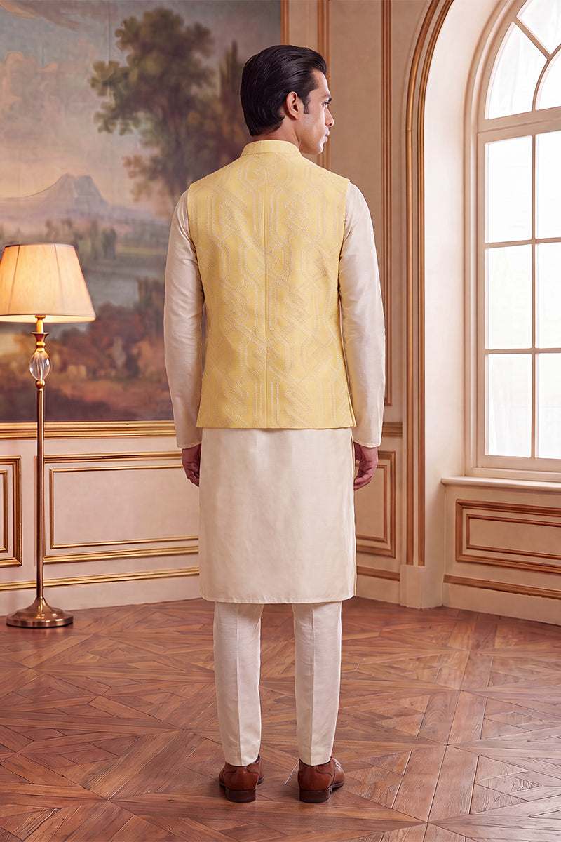 Mens Yellow Jacquard Woven Design Solid Koti MKOT1040