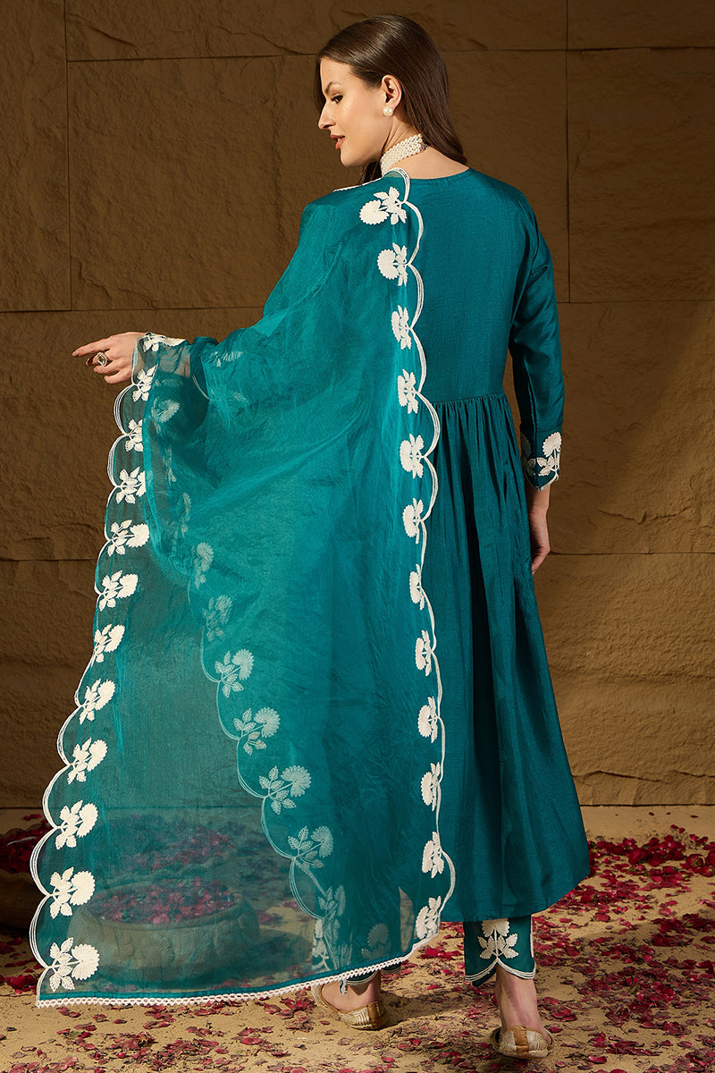 teal silk blend solid embroidered a line kurta trouser with dupatta 