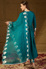 teal silk blend solid embroidered a line kurta trouser with dupatta 