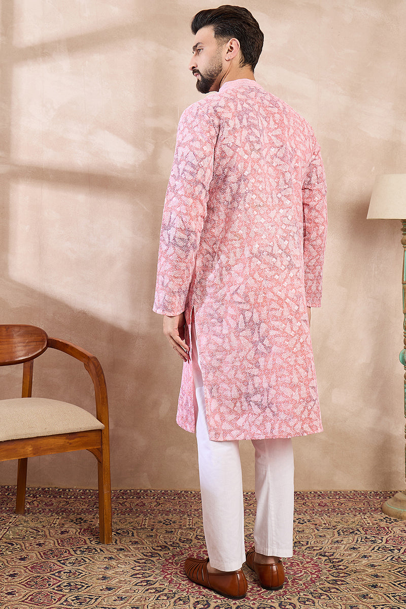 Pink Viscose Rayon Ethnic Motifs Embroidered Straight Kurta With Trouser
