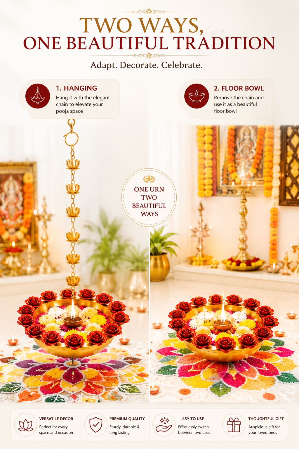 premium hanging lotus urli bowl with rose rim design decorative metal floating flower bowl with lotus chain hanging urli for water candles tea lights diwali pooja wedding home decor
