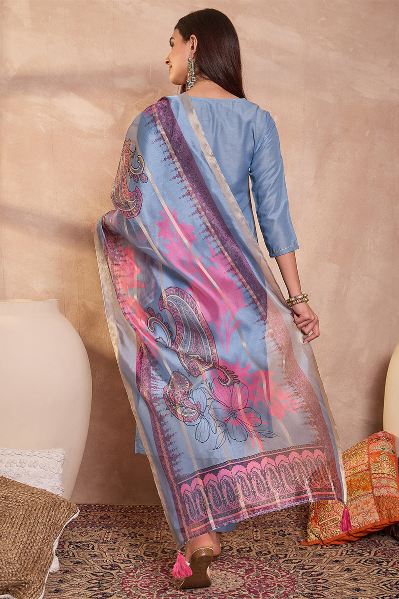 blue rayon blend solid embroidered straight kurta trouser with dupatta pkskd3100