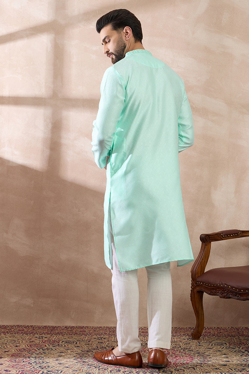 Teal Polyester Woven Design Mandarin Collar Straight Kurta With Trouser
