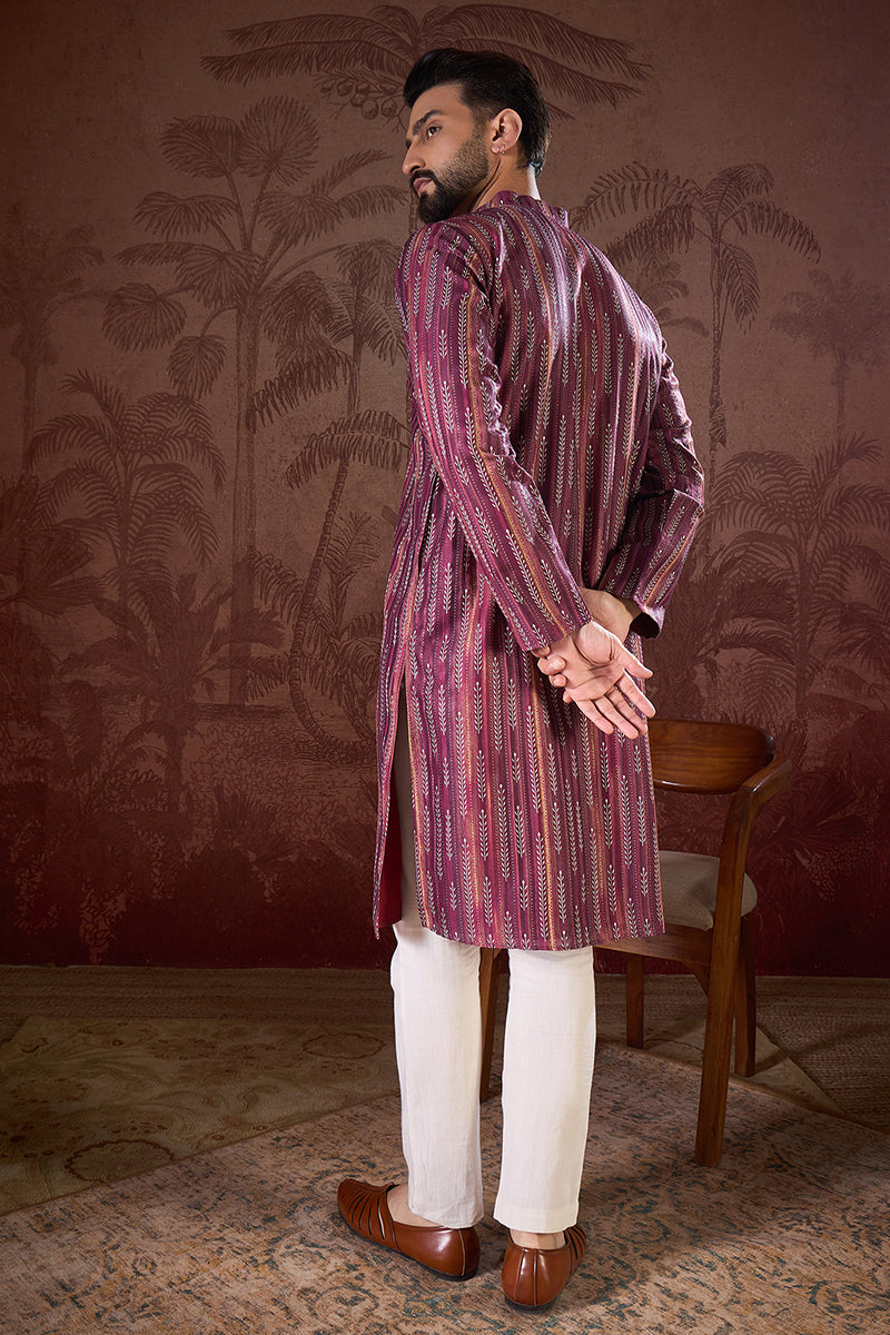 Purple Silk Blend Striped Printed Straight Kurta With Trouser