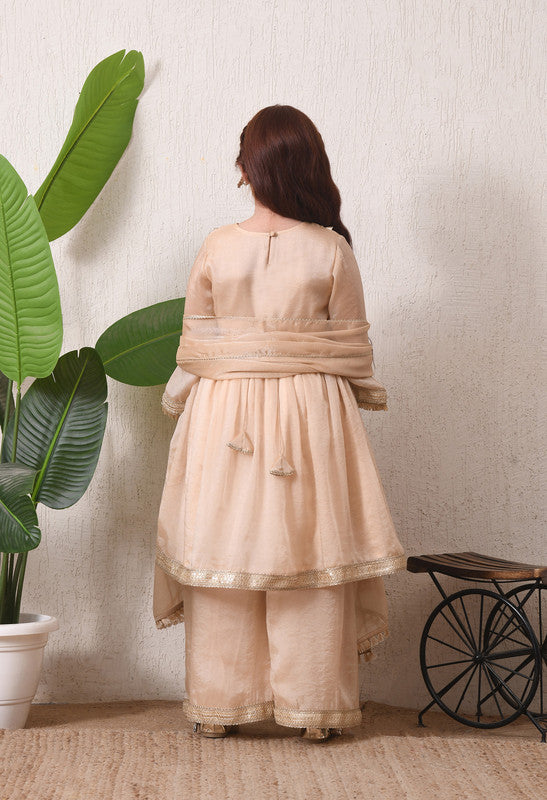 Indi Loom Couture Girls Beige Embellished Kurta with Sharara & Dupatta Set ILKSD71