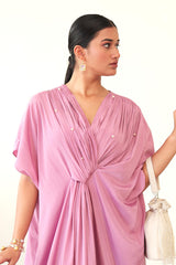 Light Lavender Center Pleated Evening Crepe Dress with Pearl Embellishments and Hidden Belt