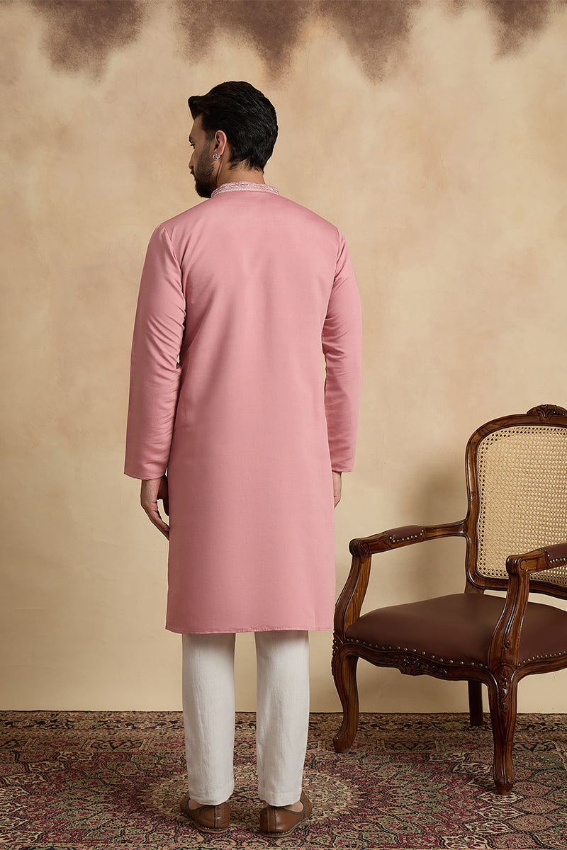 Mens Pink Silk Blend Solid Embroidered Straight Kurta MKU2526