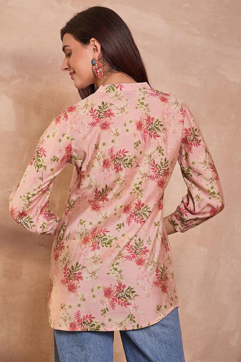 pink silk blend floral printed top 