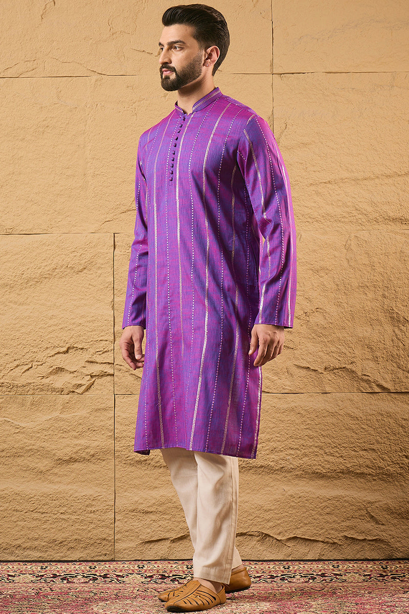 Purple Pure Cotton Solid Embroidered Straight Kurta with Trouser MKSET1194