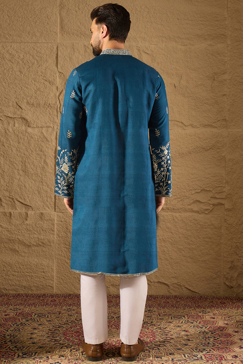 blue chanderi silk solid embroidered straight kurta with trouser