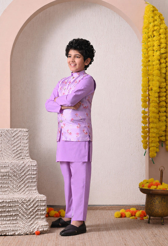 Indi Loom Couture Boys Lavender Plain  Kurta with Pyjama & Printed Nehru Jacket Set ILBKSJ19