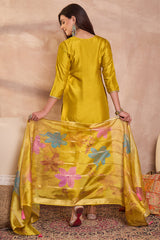 yellow silk blend solid embroidered straight kurta trouser with dupatta 