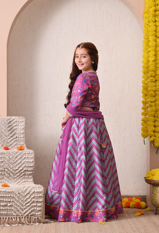 Indi Loom Couture Girls Purple Printed Lehenga Choli with Dupatta ILLCD31