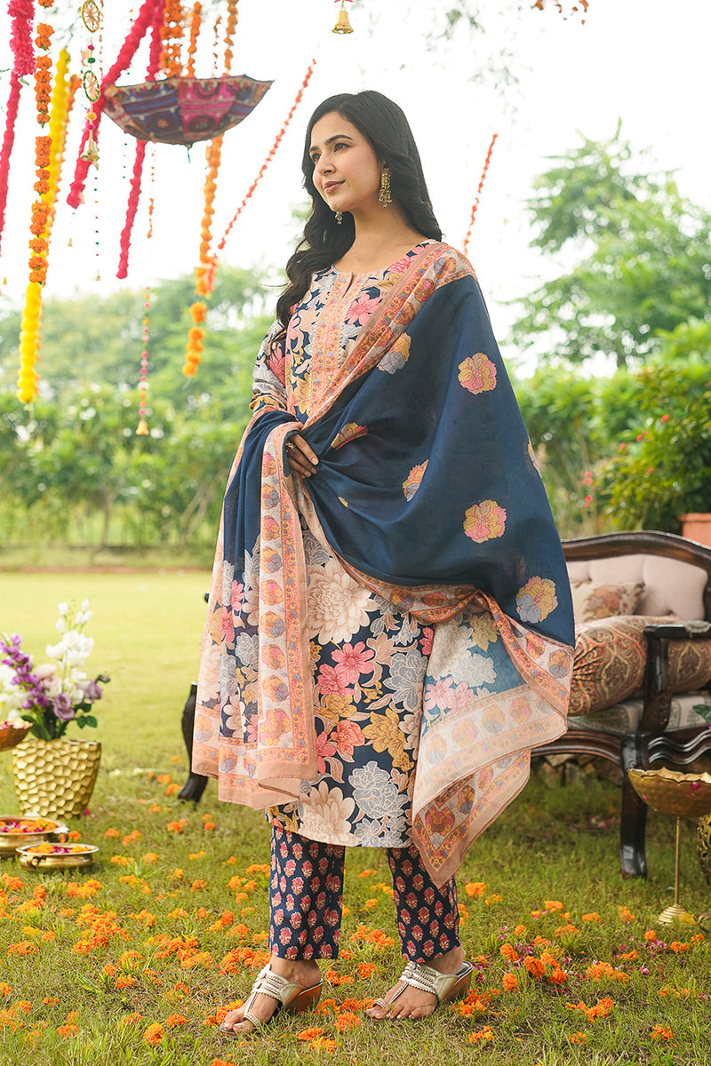 blue rayon blend floral printed straight kurta trousers with dupatta 